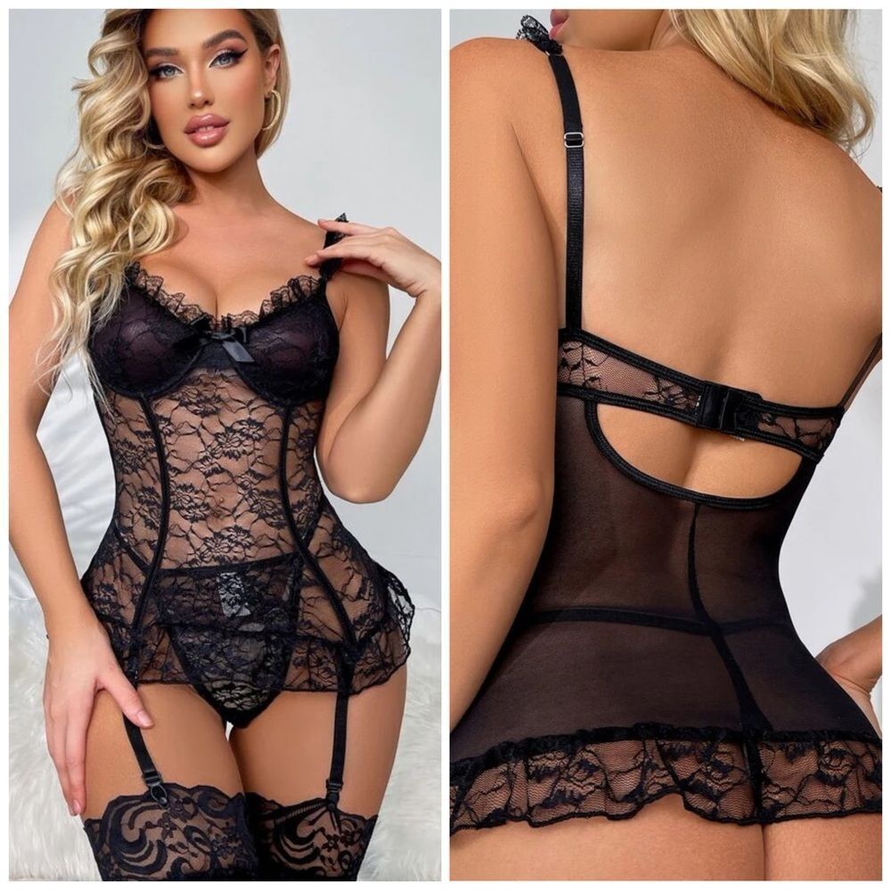 Lingerie ❤️NEW Floral Lace Ruffle Hem Garter Bustier Set & Stockings